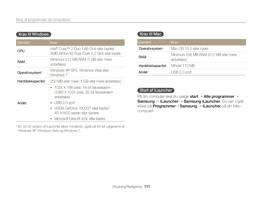 Samsung EC-MV900FBPBE2, EC-MV900FBPWE2 manual Krav til Windows, Krav til Mac, Start af iLauncher 