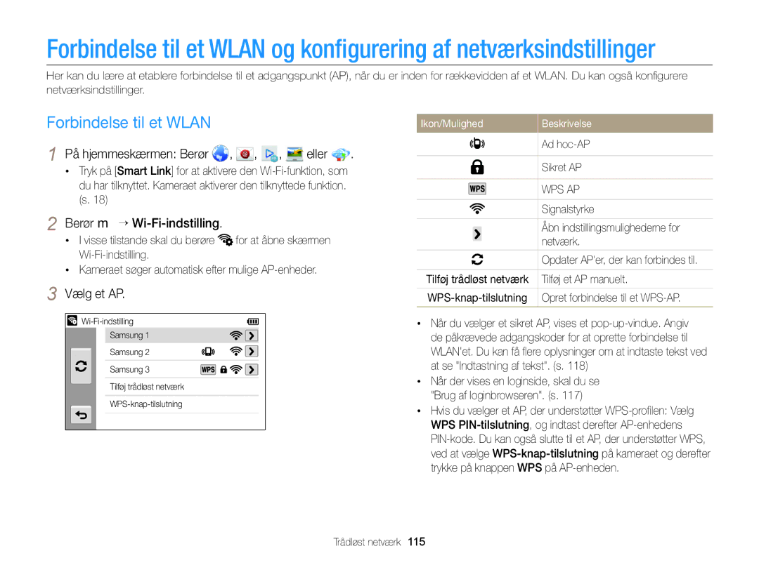 Samsung EC-MV900FBPBE2 manual Forbindelse til et Wlan, På hjemmeskærmen Berør , , , eller, Berør m “ Wi-Fi-indstilling 