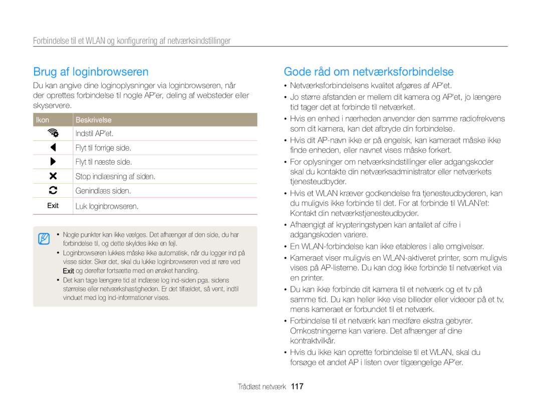 Samsung EC-MV900FBPBE2, EC-MV900FBPWE2 manual Brug af loginbrowseren, Gode råd om netværksforbindelse 