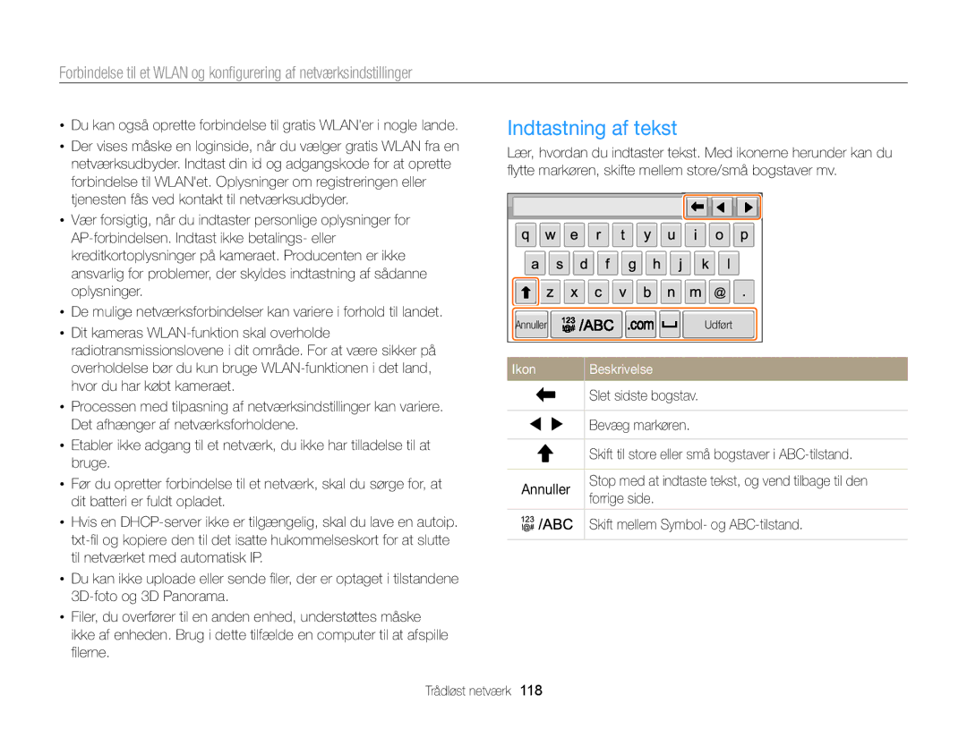 Samsung EC-MV900FBPWE2 manual Indtastning af tekst, Forrige side, Skift mellem Symbol- og ABC-tilstand Trådløst netværk 