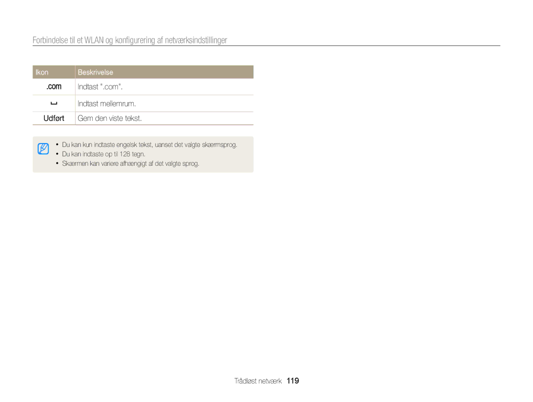 Samsung EC-MV900FBPBE2, EC-MV900FBPWE2 manual Indtast .com Indtast mellemrum Udført Gem den viste tekst 