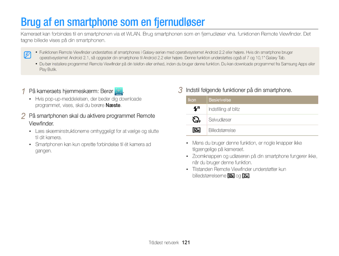 Samsung EC-MV900FBPBE2 manual Brug af en smartphone som en fjernudløser, Indstil følgende funktioner på din smartphone 