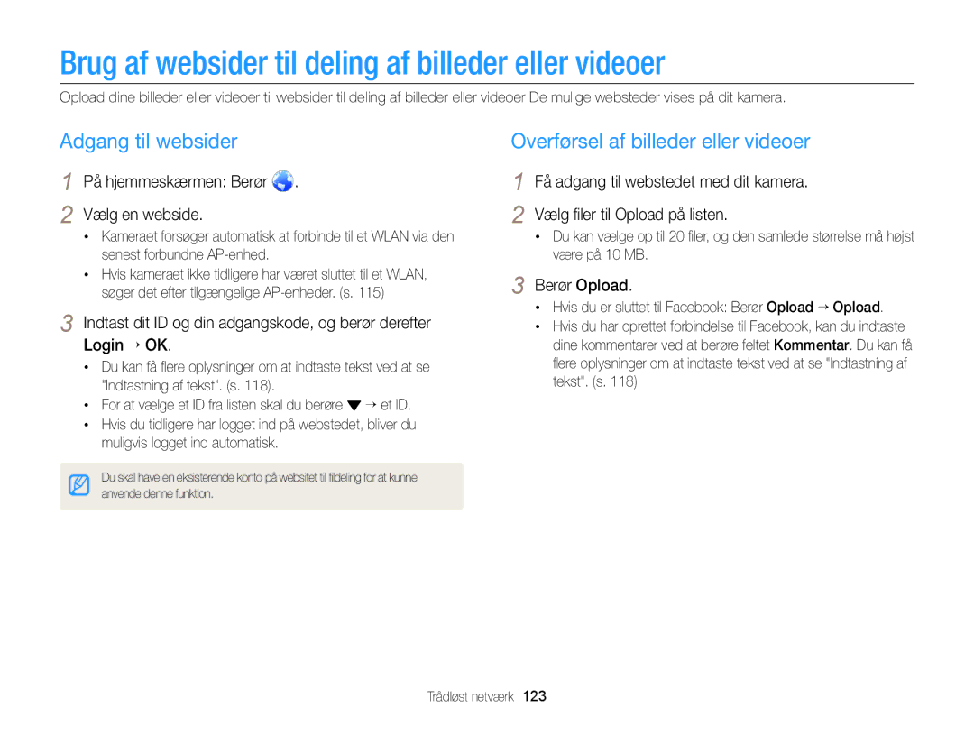 Samsung EC-MV900FBPBE2 manual Brug af websider til deling af billeder eller videoer, Adgang til websider, Berør Opload 