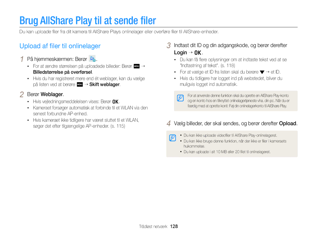 Samsung EC-MV900FBPWE2 manual Brug AllShare Play til at sende ﬁler, Upload af ﬁler til onlinelager, Berør Weblager 