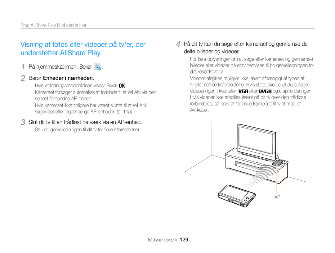 Samsung EC-MV900FBPBE2 manual Brug AllShare Play til at sende ﬁler, På hjemmeskærmen Berør Berør Enheder i nærheden 