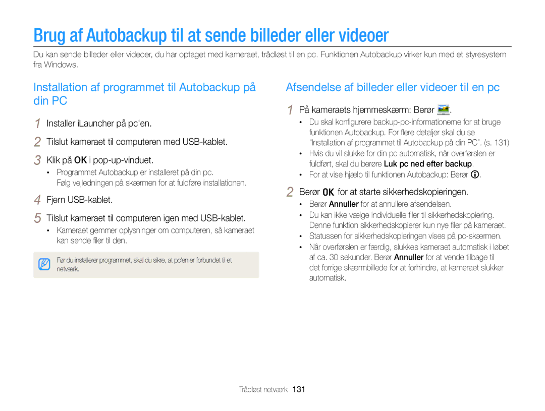 Samsung EC-MV900FBPBE2 Brug af Autobackup til at sende billeder eller videoer, Berør o for at starte sikkerhedskopieringen 