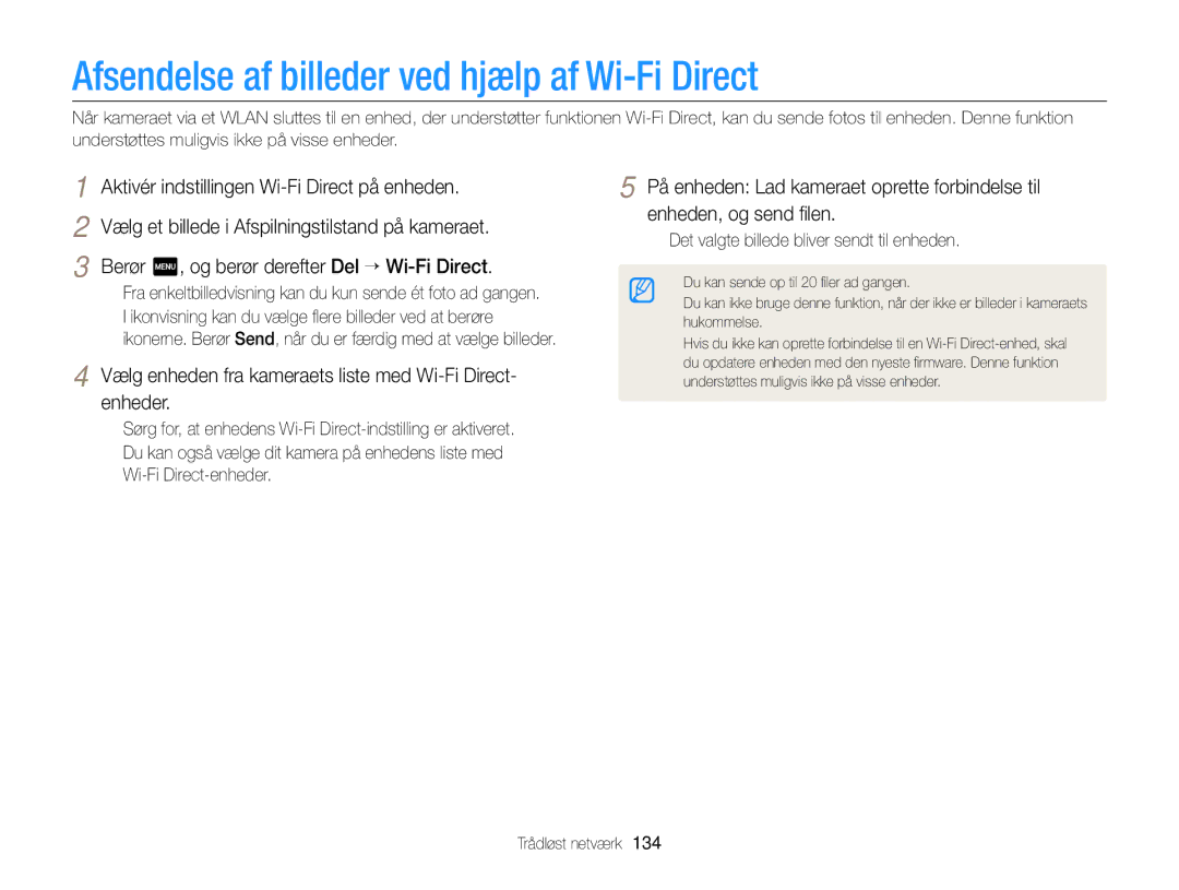 Samsung EC-MV900FBPWE2 Afsendelse af billeder ved hjælp af Wi-Fi Direct, Aktivér indstillingen Wi-Fi Direct på enheden 