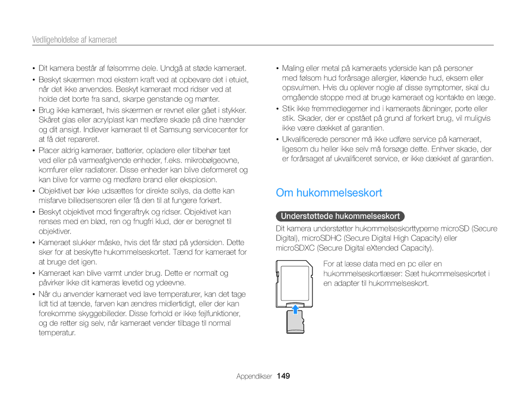 Samsung EC-MV900FBPBE2, EC-MV900FBPWE2 manual Om hukommelseskort, Understøttede hukommelseskort 