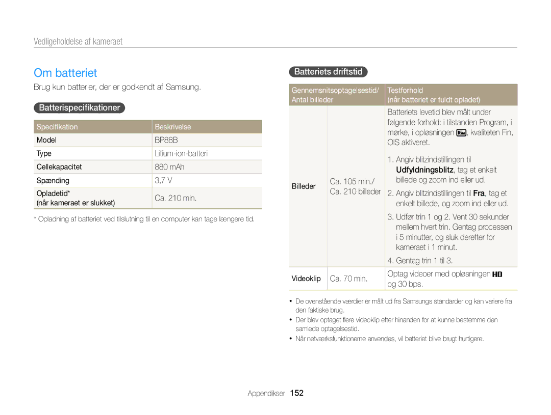 Samsung EC-MV900FBPWE2, EC-MV900FBPBE2 manual Om batteriet, Batterispeciﬁkationer, Batteriets driftstid 