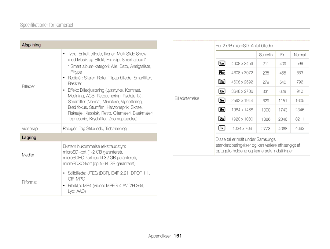 Samsung EC-MV900FBPBE2, EC-MV900FBPWE2 manual Filtype, Billeder Beskær, Filformat, Lyd AAC For 2 GB microSD Antal billeder 