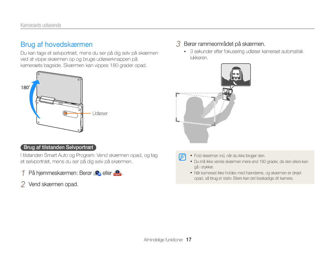 Samsung EC-MV900FBPBE2 Brug af hovedskærmen, På hjemmeskærmen Berør eller Vend skærmen opad, Berør rammeområdet på skærmen 