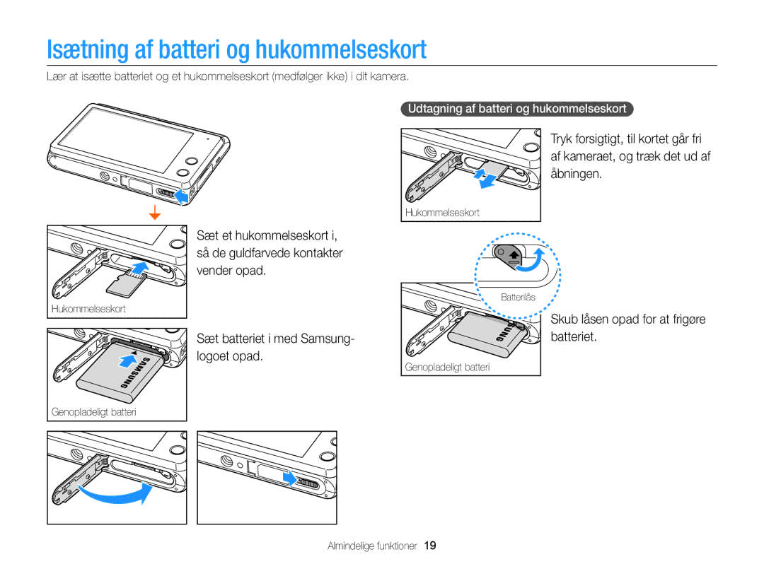 Samsung EC-MV900FBPBE2 manual Isætning af batteri og hukommelseskort, Sæt batteriet i med Samsung- logoet opad, Batteriet 