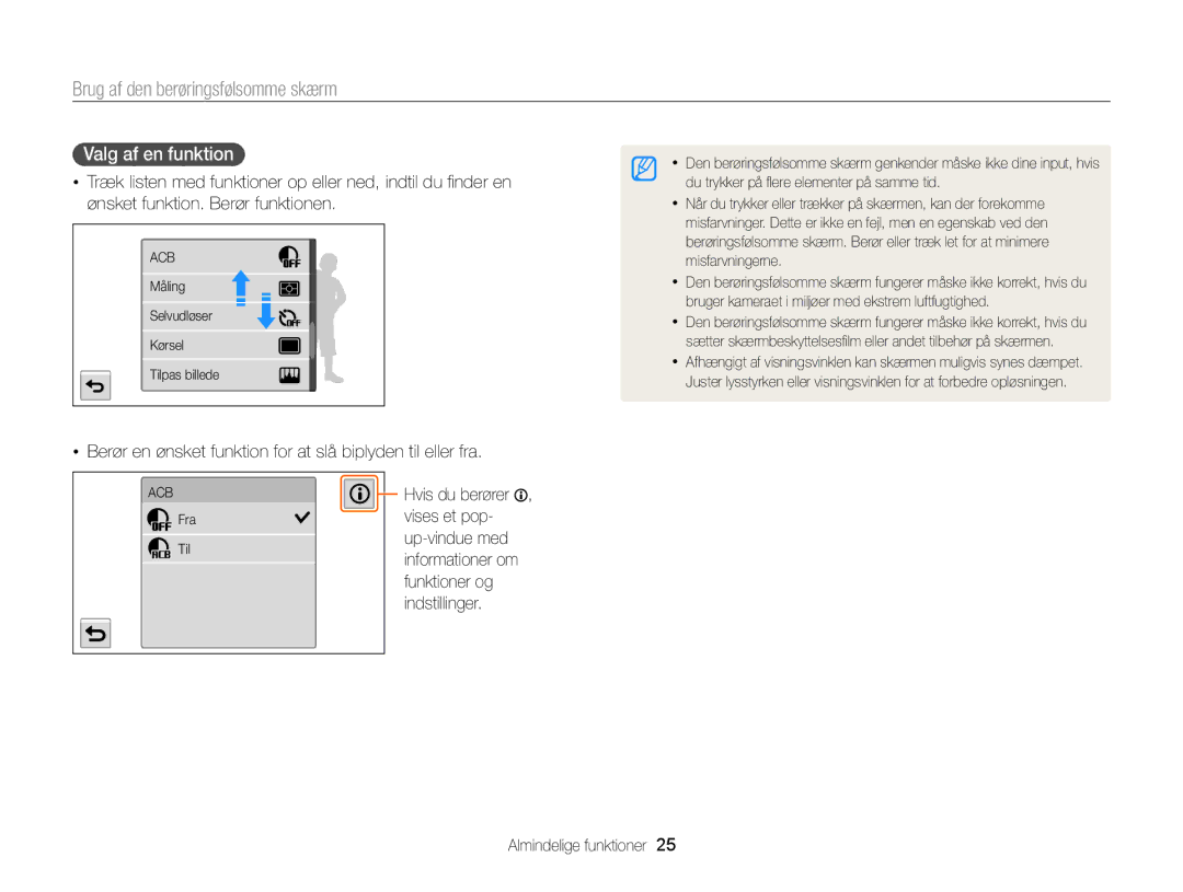 Samsung EC-MV900FBPBE2, EC-MV900FBPWE2 manual Brug af den berøringsfølsomme skærm, Valg af en funktion 