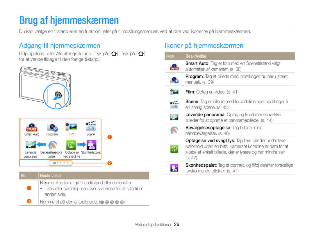 Samsung EC-MV900FBPWE2, EC-MV900FBPBE2 manual Brug af hjemmeskærmen, Adgang til hjemmeskærmen, Ikoner på hjemmeskærmen 