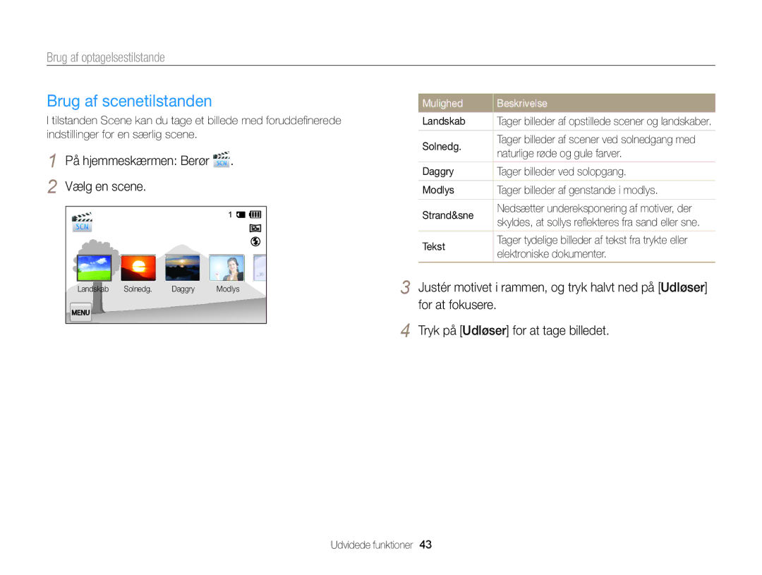 Samsung EC-MV900FBPBE2, EC-MV900FBPWE2 manual Brug af scenetilstanden, På hjemmeskærmen Berør Vælg en scene 