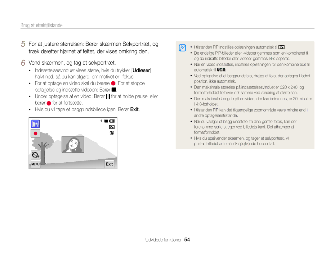 Samsung EC-MV900FBPWE2 manual Vend skærmen, og tag et selvportræt, Tilstanden PIP indstilles opløsningen automatisk til 