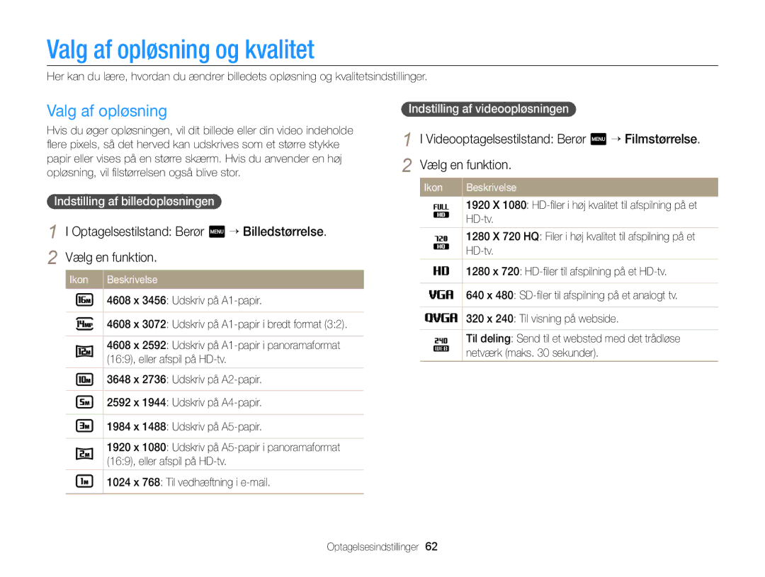 Samsung EC-MV900FBPWE2 Valg af opløsning og kvalitet, Indstilling af billedopløsningen, Indstilling af videoopløsningen 