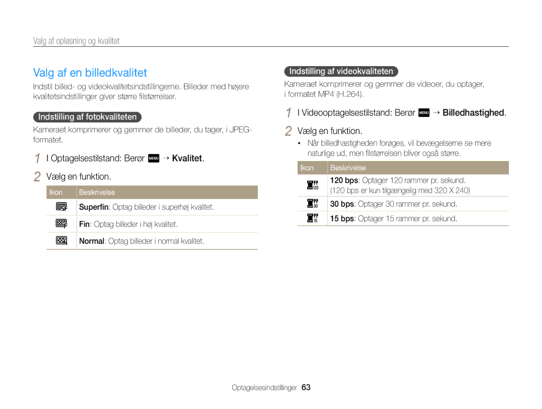 Samsung EC-MV900FBPBE2 manual Valg af en billedkvalitet, Valg af opløsning og kvalitet, Indstilling af fotokvaliteten 