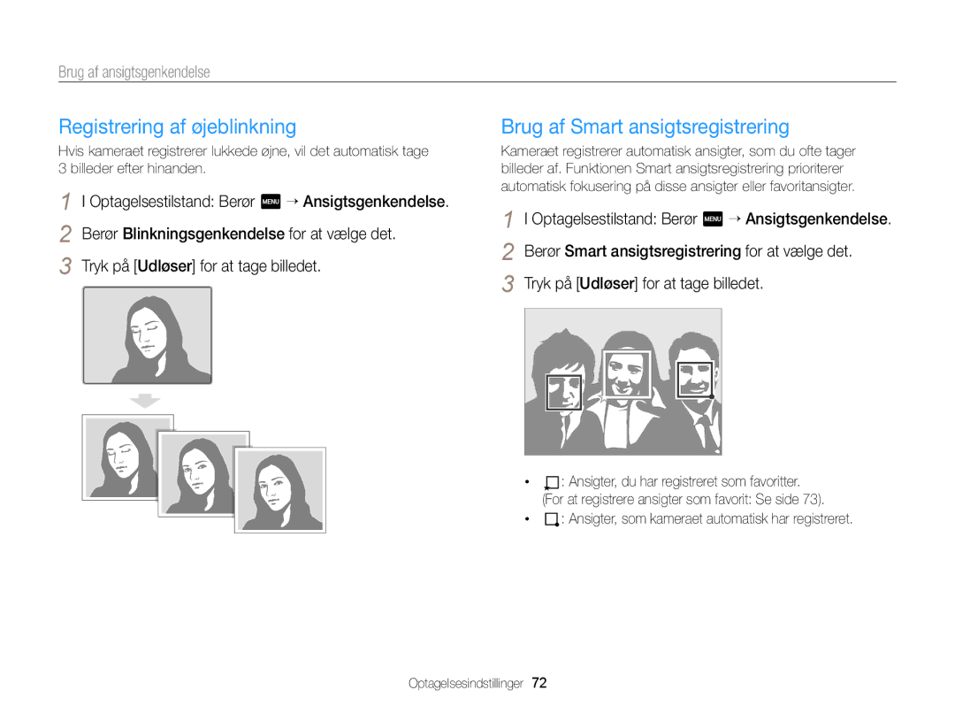 Samsung EC-MV900FBPWE2 manual Registrering af øjeblinkning, Brug af Smart ansigtsregistrering, Brug af ansigtsgenkendelse 