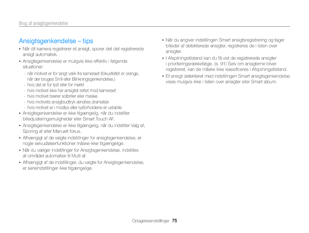 Samsung EC-MV900FBPBE2, EC-MV900FBPWE2 manual Ansigtsgenkendelse tips 