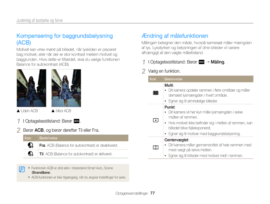 Samsung EC-MV900FBPBE2 Kompensering for baggrundsbelysning ACB, Ændring af målefunktionen, Justering af lysstyrke og farve 