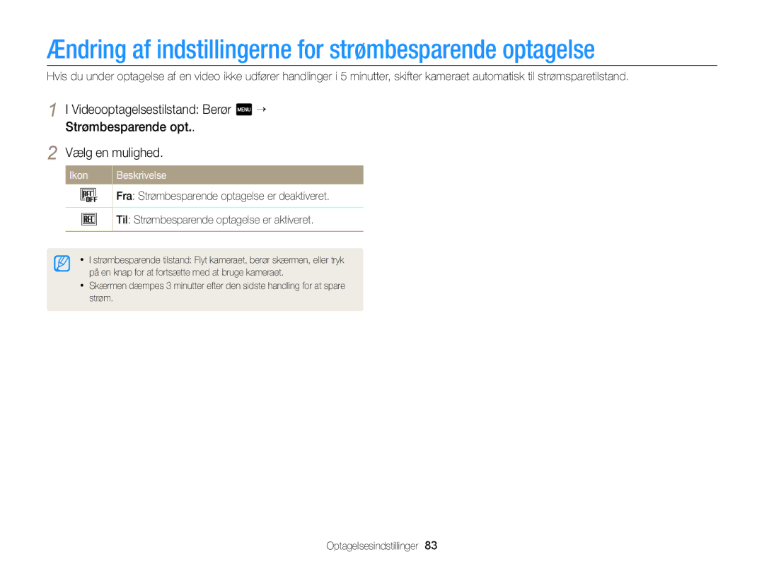 Samsung EC-MV900FBPBE2, EC-MV900FBPWE2 manual Ændring af indstillingerne for strømbesparende optagelse 