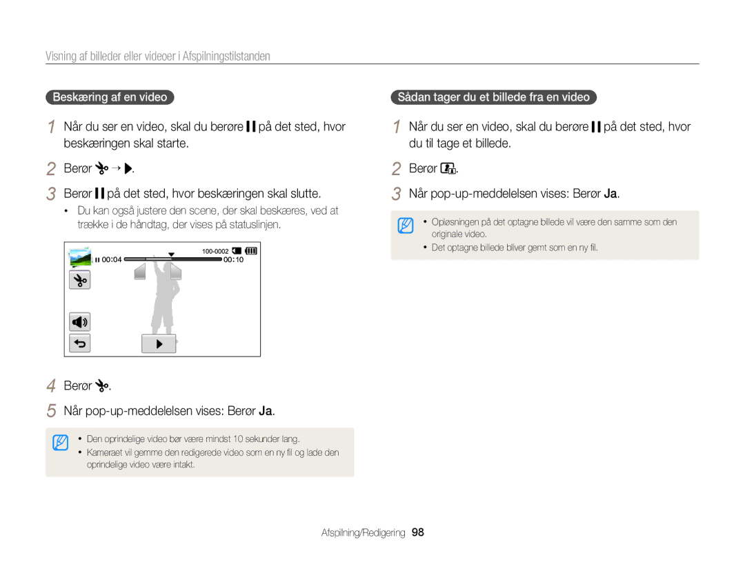 Samsung EC-MV900FBPWE2, EC-MV900FBPBE2 manual Berør Når pop-up-meddelelsen vises Berør Ja, Beskæring af en video 