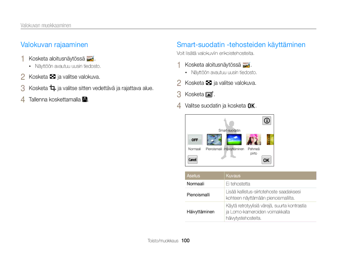 Samsung EC-MV900FBPWE2 manual Valokuvan rajaaminen, Smart-suodatin -tehosteiden käyttäminen, Valokuvan muokkaaminen 