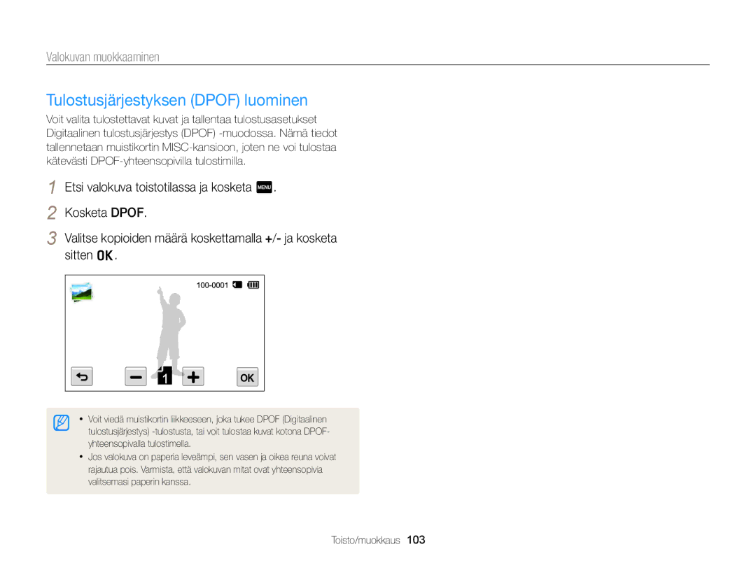 Samsung EC-MV900FBPBE2, EC-MV900FBPWE2 manual Tulostusjärjestyksen Dpof luominen 