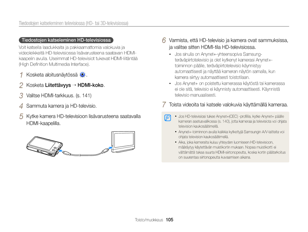 Samsung EC-MV900FBPBE2 manual Kosketa Liitettävyys “ HDMI-koko, Valitse HDMI-tarkkuus. s, Sammuta kamera ja HD-televisio 