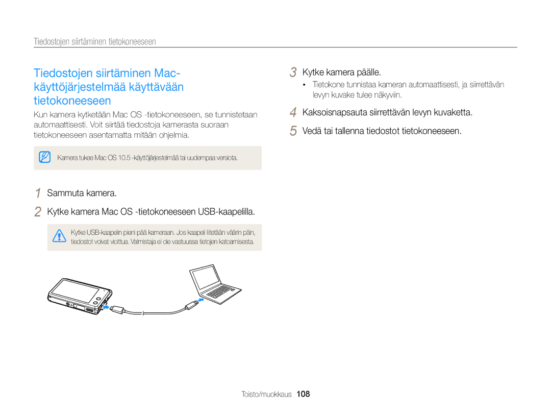 Samsung EC-MV900FBPWE2, EC-MV900FBPBE2 manual Tiedostojen siirtäminen tietokoneeseen 