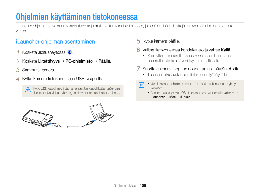 Samsung EC-MV900FBPBE2, EC-MV900FBPWE2 manual Ohjelmien käyttäminen tietokoneessa, ILauncher-ohjelman asentaminen 