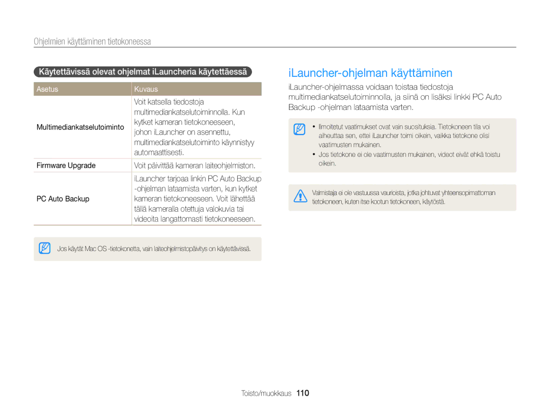 Samsung EC-MV900FBPWE2, EC-MV900FBPBE2 manual ILauncher-ohjelman käyttäminen, Ohjelmien käyttäminen tietokoneessa 