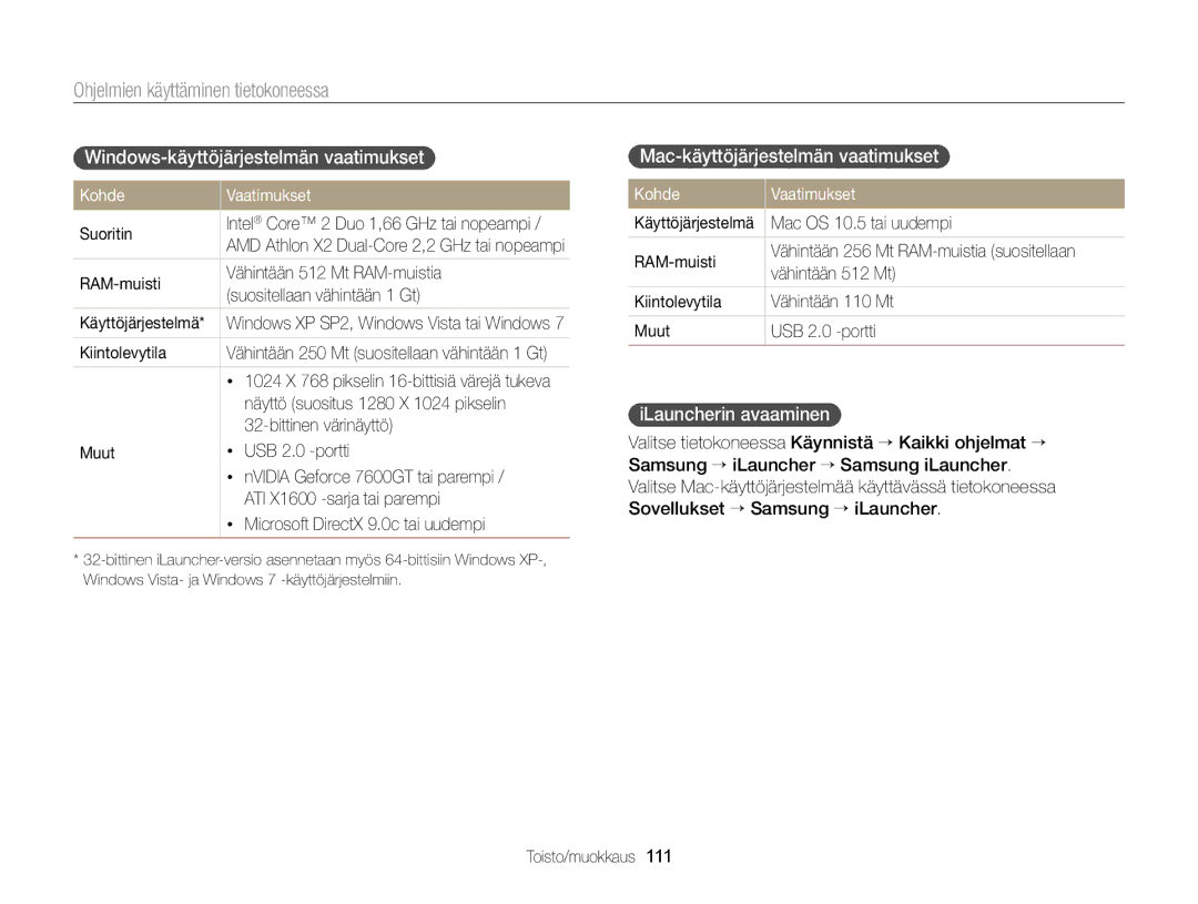 Samsung EC-MV900FBPBE2 Windows-käyttöjärjestelmän vaatimukset, Mac-käyttöjärjestelmän vaatimukset, ILauncherin avaaminen 