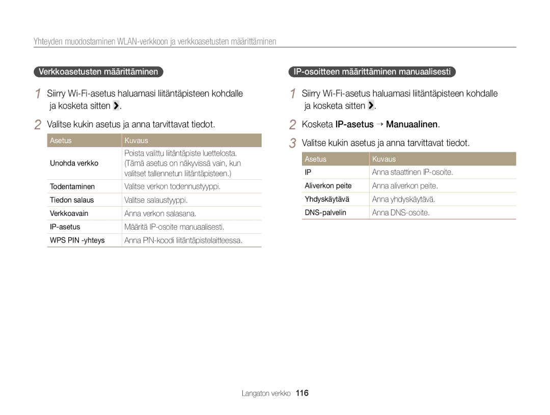 Samsung EC-MV900FBPWE2, EC-MV900FBPBE2 Ja kosketa sitten, Kosketa IP-asetus “ Manuaalinen, Verkkoasetusten määrittäminen 