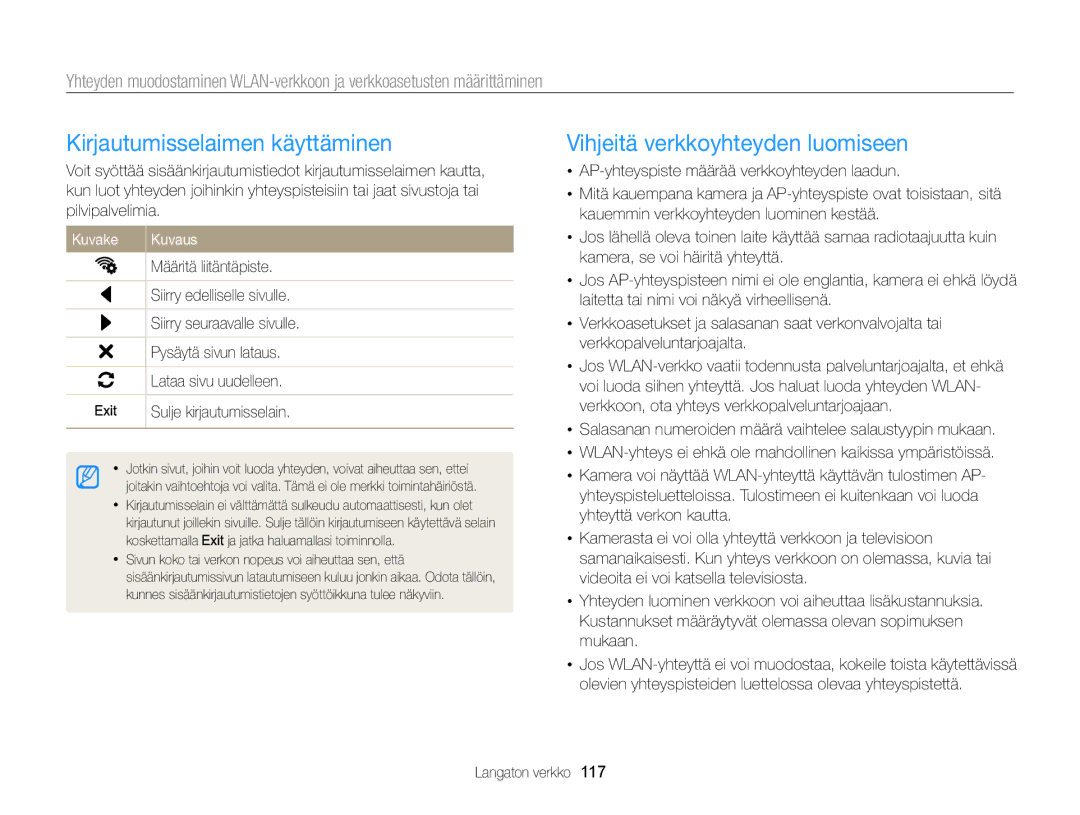 Samsung EC-MV900FBPBE2 manual Kirjautumisselaimen käyttäminen, Vihjeitä verkkoyhteyden luomiseen, Määritä liitäntäpiste 