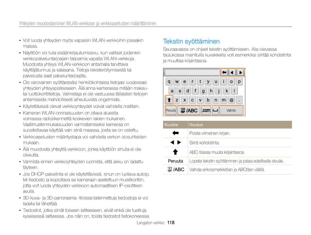 Samsung EC-MV900FBPWE2 Tekstin syöttäminen, Poista viimeinen kirjain, Siirrä kohdistinta, ABC-tilassa muuta kirjaintasoa 