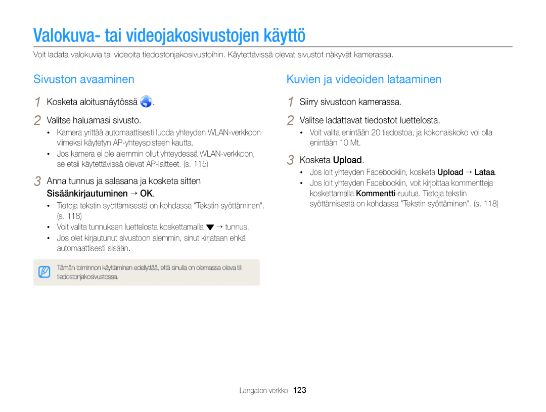 Samsung EC-MV900FBPBE2 manual Valokuva- tai videojakosivustojen käyttö, Sivuston avaaminen, Kuvien ja videoiden lataaminen 