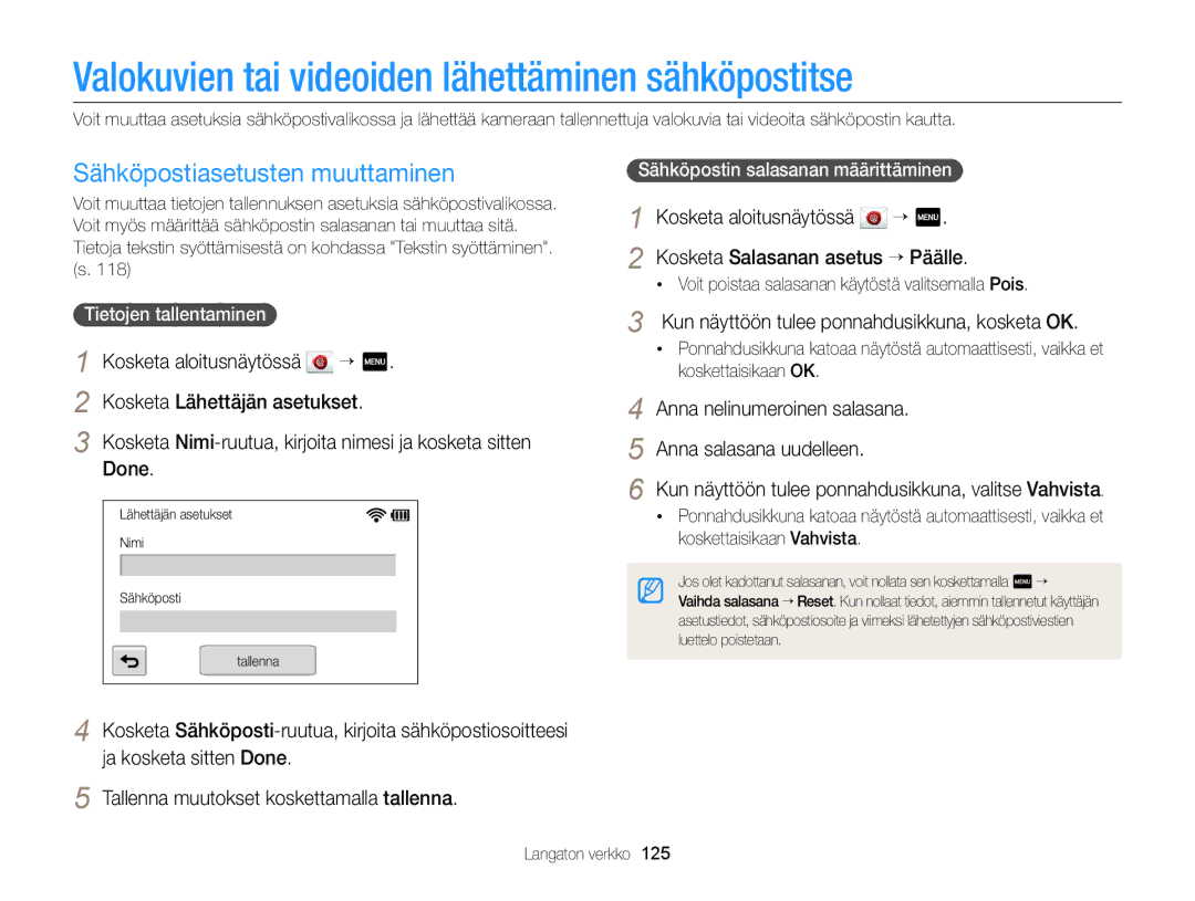 Samsung EC-MV900FBPBE2 manual Valokuvien tai videoiden lähettäminen sähköpostitse, Sähköpostiasetusten muuttaminen 