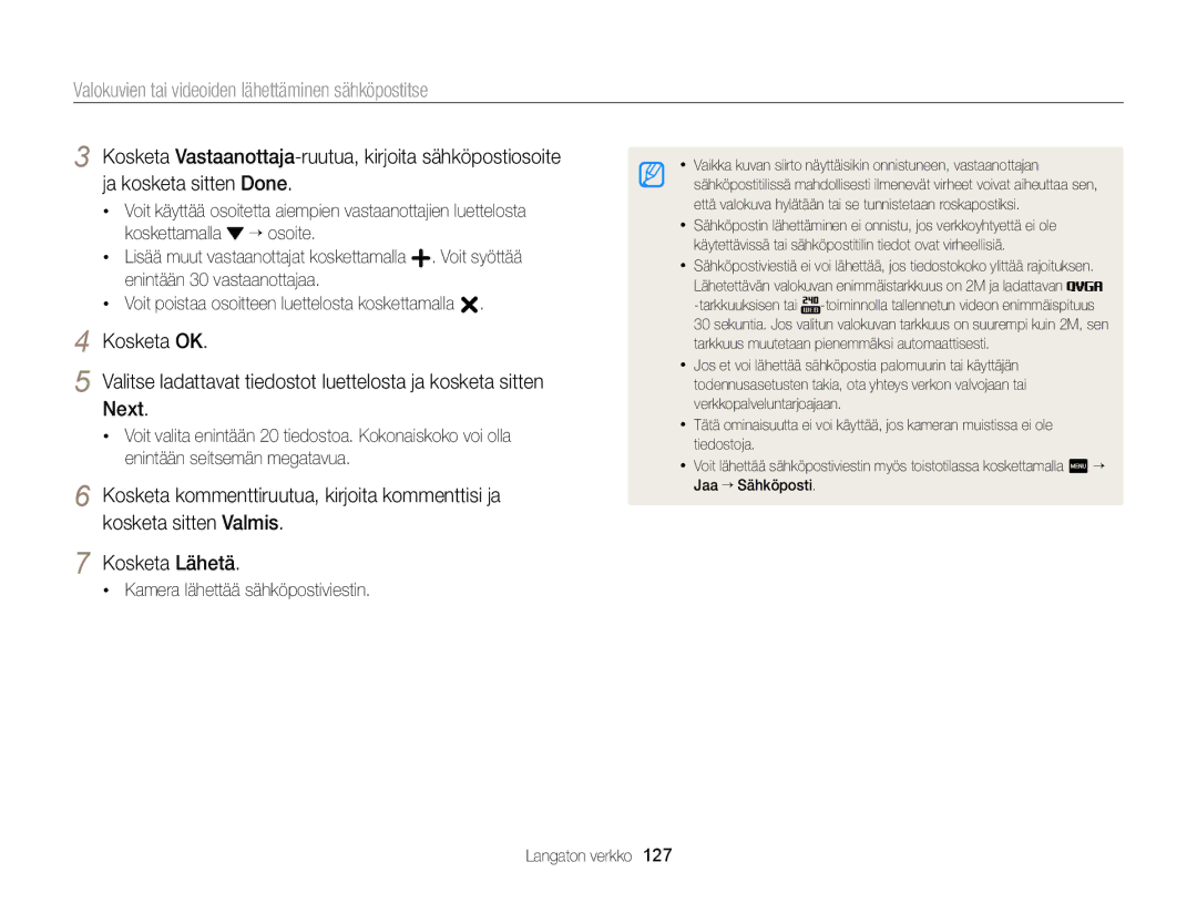 Samsung EC-MV900FBPBE2, EC-MV900FBPWE2 manual Kamera lähettää sähköpostiviestin 