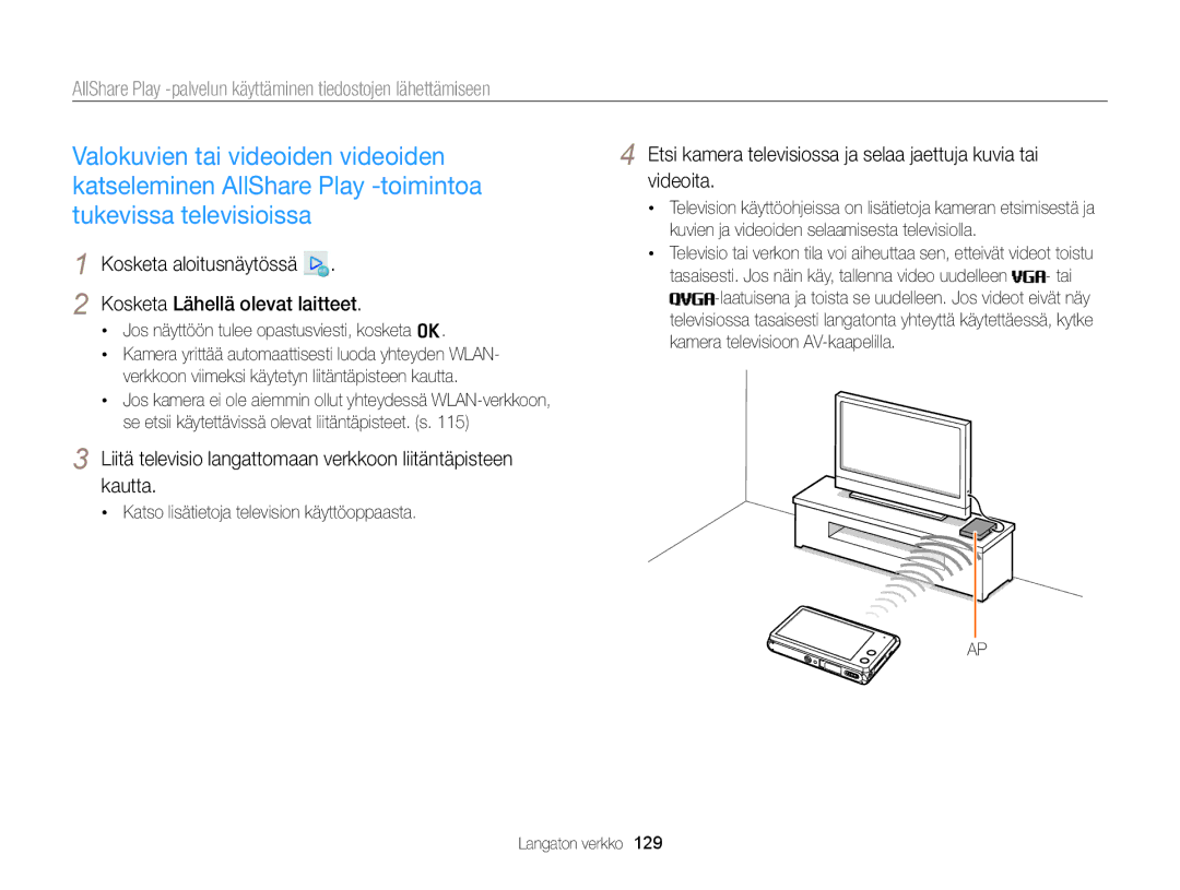 Samsung EC-MV900FBPBE2, EC-MV900FBPWE2 manual Liitä televisio langattomaan verkkoon liitäntäpisteen kautta 