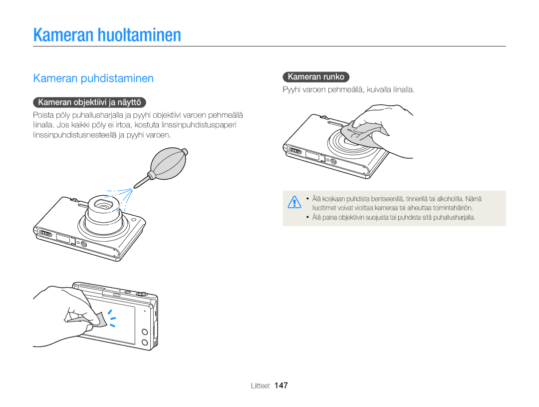 Samsung EC-MV900FBPBE2 manual Kameran huoltaminen, Kameran puhdistaminen, Kameran objektiivi ja näyttö, Kameran runko 