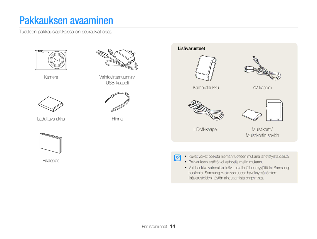 Samsung EC-MV900FBPWE2, EC-MV900FBPBE2 manual Pakkauksen avaaminen, Perustoiminnot 