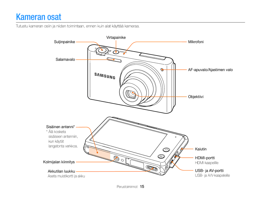 Samsung EC-MV900FBPBE2, EC-MV900FBPWE2 manual Kameran osat 