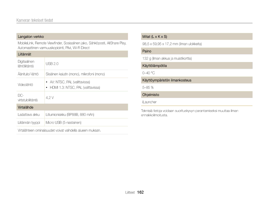 Samsung EC-MV900FBPWE2, EC-MV900FBPBE2 manual Litiumioniakku BP88B, 880 mAh, Micro USB 5-nastainen 