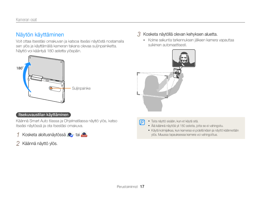 Samsung EC-MV900FBPBE2 manual Näytön käyttäminen, Kosketa näytöllä olevan kehyksen aluetta, Itsekuvaustilan käyttäminen 