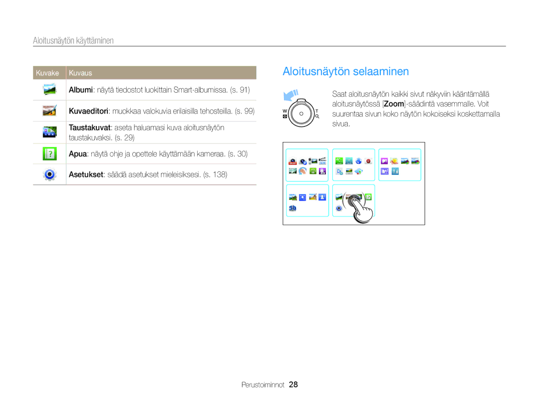 Samsung EC-MV900FBPWE2, EC-MV900FBPBE2 manual Aloitusnäytön selaaminen 