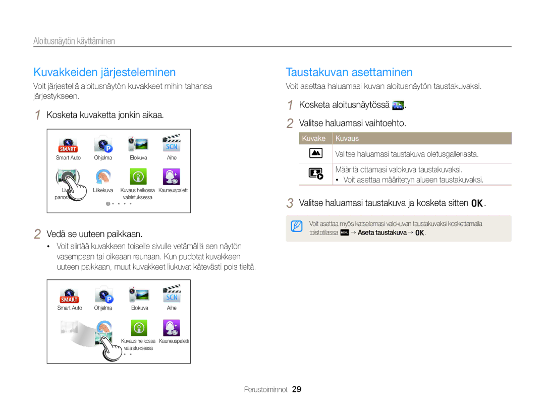 Samsung EC-MV900FBPBE2, EC-MV900FBPWE2 manual Kuvakkeiden järjesteleminen, Taustakuvan asettaminen 