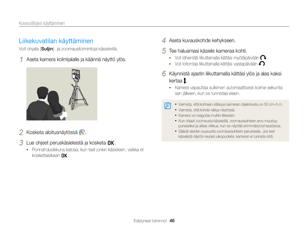 Samsung EC-MV900FBPWE2, EC-MV900FBPBE2 manual Liikekuvatilan käyttäminen, Aseta kamera kolmijalalle ja käännä näyttö ylös 