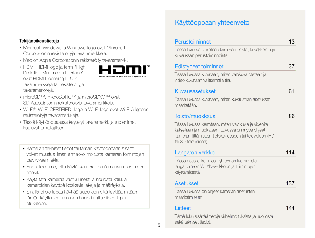 Samsung EC-MV900FBPBE2, EC-MV900FBPWE2 manual Käyttöoppaan yhteenveto, 114, 137, 144 